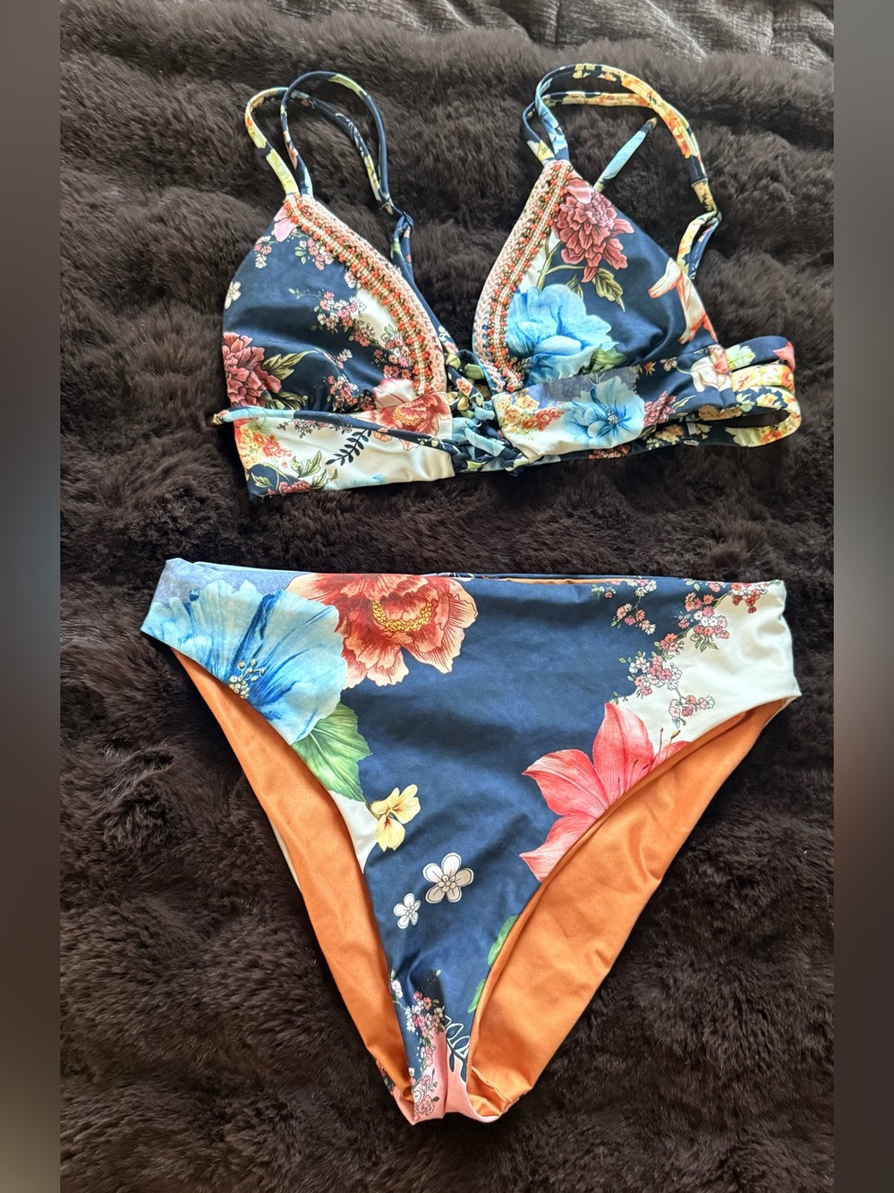 Agua Bendita High Waisted Floral Two-Piece Bikini Set in Navy & Orange - Picture 1 of 4